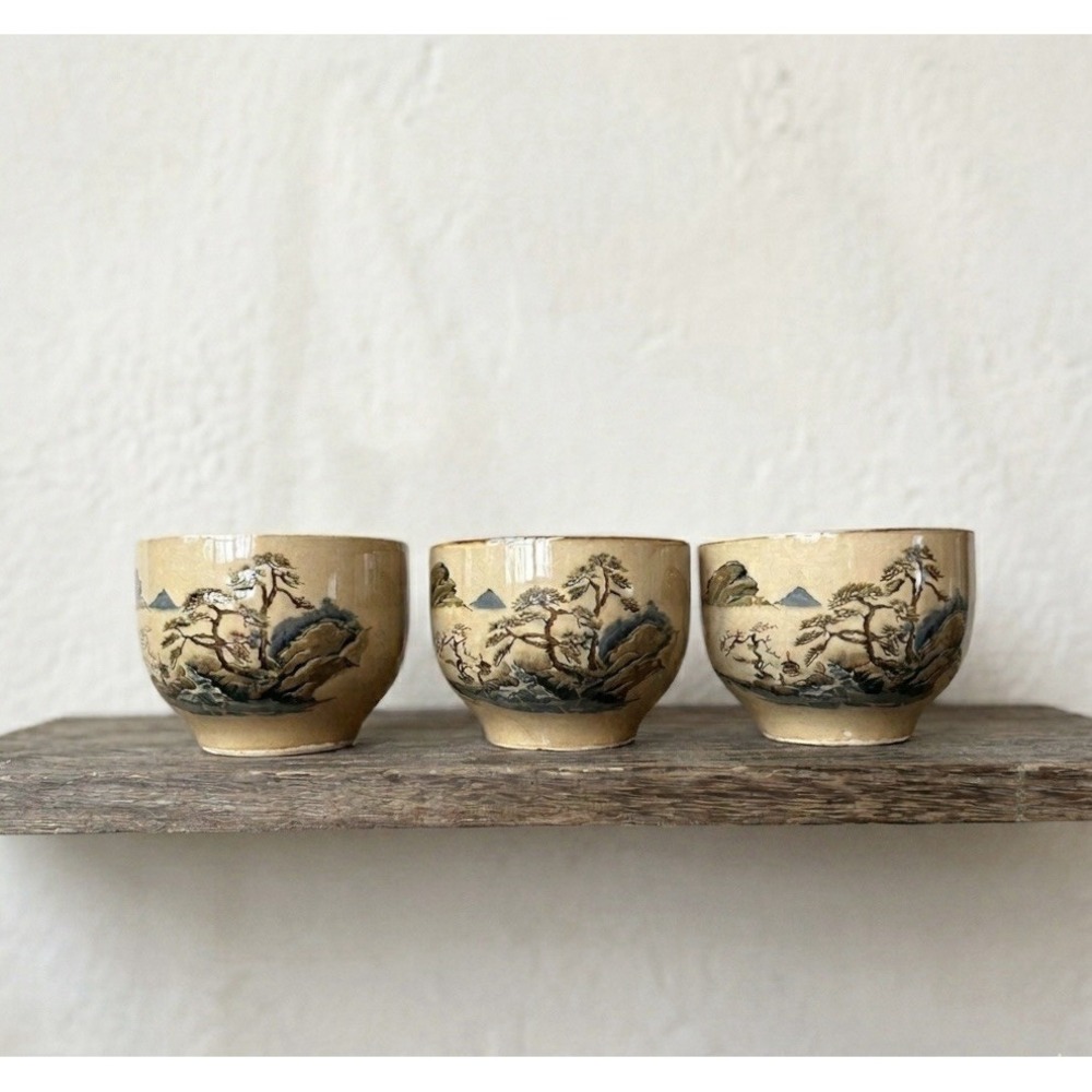 3 Vintage SAKI Japanese Sake/Tea Cups Tan with Landscape Ceramic Asian Decor